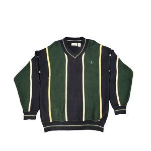 IZOD‎ Fisherman Sweater Mens Large Green Blue V Neck Chunky Knit Tennis Golf VTG